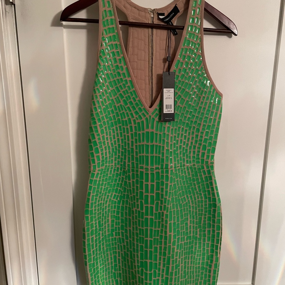BCBGMaxAzria Green Simmering Halter Plunge Bodycon Dress